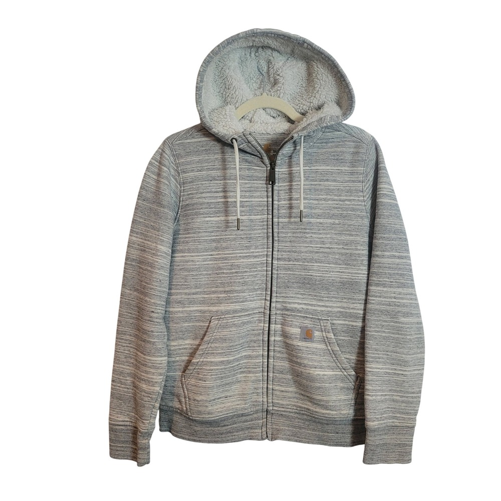 Carhartt Womens Grey Sherpa Lined Full Zip Hoodie Relaxed Fit Size Small Cozy